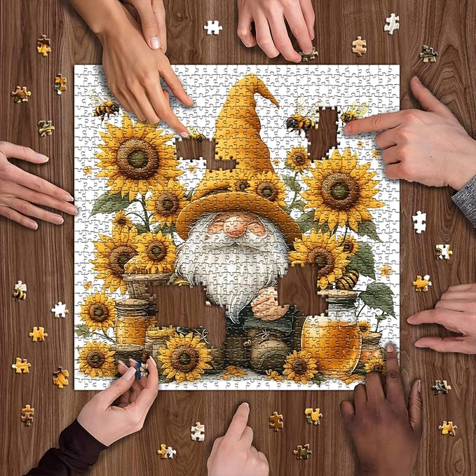 PICKFORU Sunflower Gnome Puzzle for Adults 1000 Pieces, Funny Garden Gnomes Honey Bee Jigsaw Puzzle, Floral Nature Themed Challenge for Adults Art