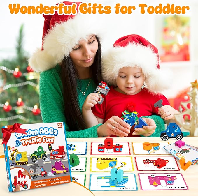 Vanmor Wooden Vehicle Alphabet Puzzle for Toddlers, Traffic ABC Letter Sight Words Matching Game with 52 Blocks and Flash Cards, Spelling Game Toys, Kindergarten Preschool Learning Activities