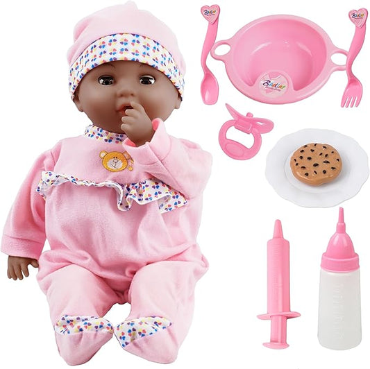 Toy Choi's Interactive Baby Doll Pink - 16 Inch Crying Talking Feeding Dolls with Different Sounds and Accessories, Pretend Play Preschool Toys for 2 3 4 5+ Year Old Girls Boys Gift, Black Doll