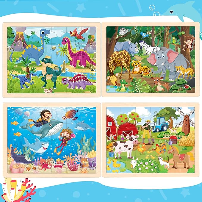 Puzzles for Kids Ages 4-6, 4 Packs Wooden Animals Jigsaw Puzzles for Toddlers Ages 3-5, Preschool Educational Puzzles Boards Toys Gifts for 3 4 5 6 Boys Girls