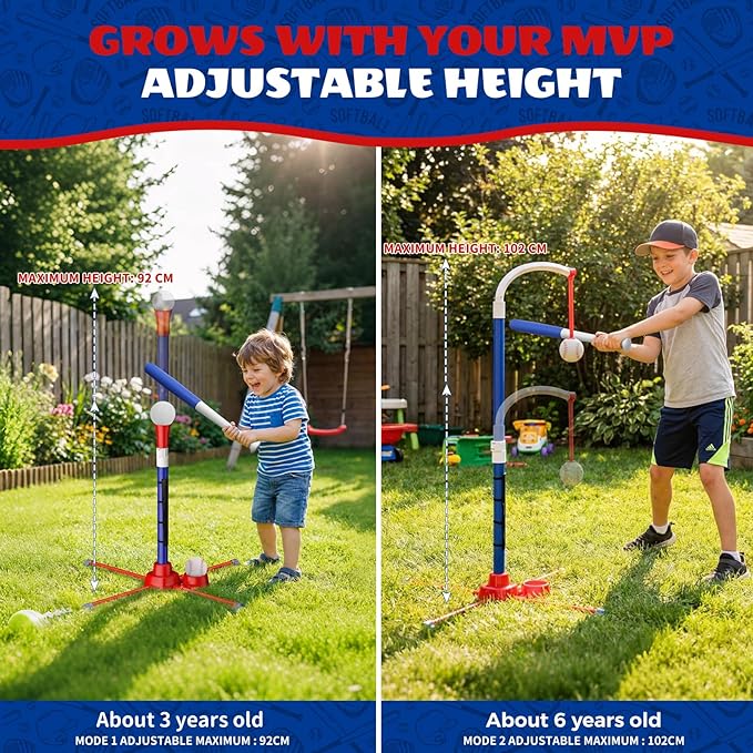3-in-1 T Ball Set for Kids 3-5, Adjustable Baseball Tee with Auto Ball Launcher, Hanging Stand & 4 Balls, Indoor/Outdoor Sports Toys Gifts for Boys Girls Ages 5-8
