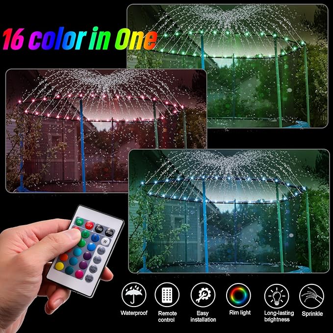 2Pcs Outdoor Trampoline Set, 12Ft LED Trampoline Light and Trampoline Sprinkler, Outdoor Trampoline Backyard Water Park, 16Color Change,Waterproof, Bright to Play at Night Outdoors, Good Gift for Kids