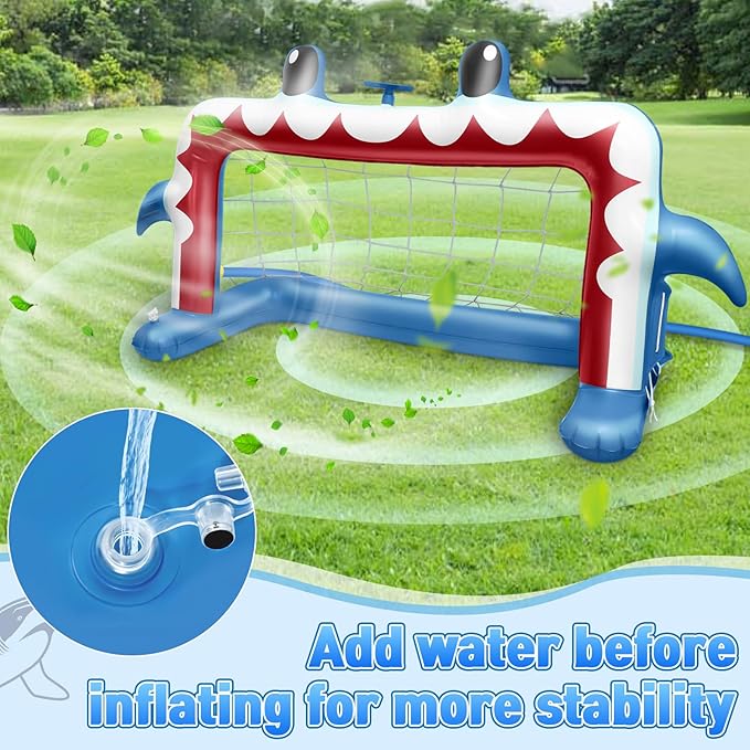Water Sprinkler Soccer Toys, Inflatable Shark Soccer Goal Sprinkler with a Soccer Ball Backyard Outdoor Summer Toys for Boys Girls Outside Yard Water Football Game Toys for Kids Ages 3-8