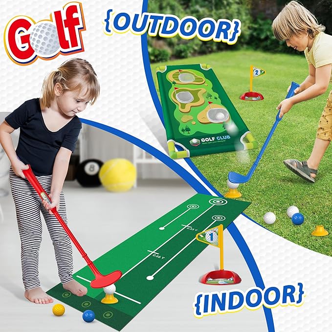 Liberry Toddler Golf Set for 2 3 4 5 Years Old Boys Girls, Upgraded Kids Golf Cart with Golf Cornhole Board & Putting Mat, Indoor and Outdoor Golf Toys Birthday Gifts