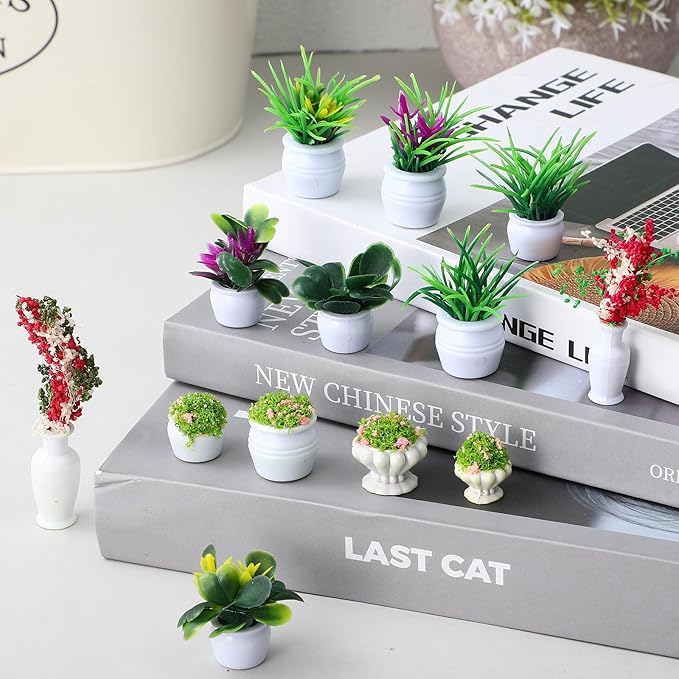 Ipetboom 13pcs Miniature Potted Plants - Dollhouse Accessories Mini Fake Greenery Ornaments Tiny Plant Models Doll House Decor Mini Flower Pots for Fairy Garden and Craft Decoration