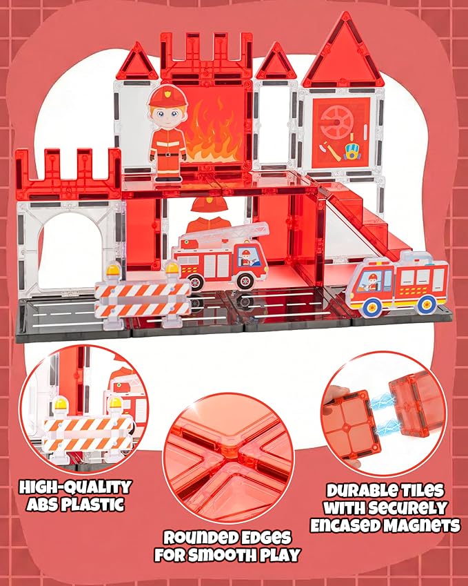 Magnetic Tiles for Kids Ages 3+, Fire Rescue Magnetic Tiles Building Blocks with Rescue Scene Pieces, Firefighter Elements & Accessories, STEM Toys for Toddlers, Ideal Gift for Boys and Girls