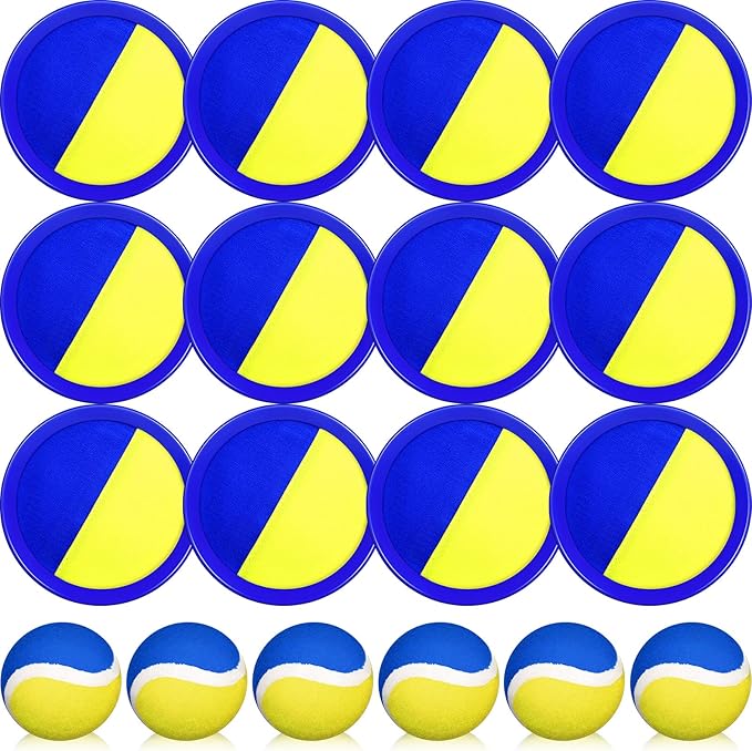Charniol Kids Toys Toss and Catch Game Set Beach Game Outdoor Ball Sports Games Toss and Catch Ball Nylon Toys for Kids Adults(Blue Yellow,12 Paddles 6 Balls)