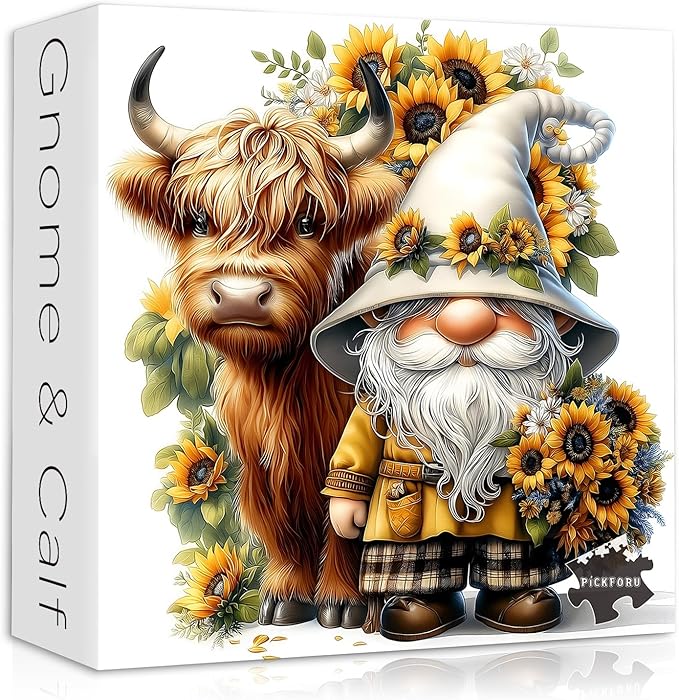 Highland Cow Gnome Puzzles for Adults 1000 Pieces, Nature Sunflower and Cow Puzzles, Animal Plant Floral Themed Jigsaw Puzzles Challenging for Adults