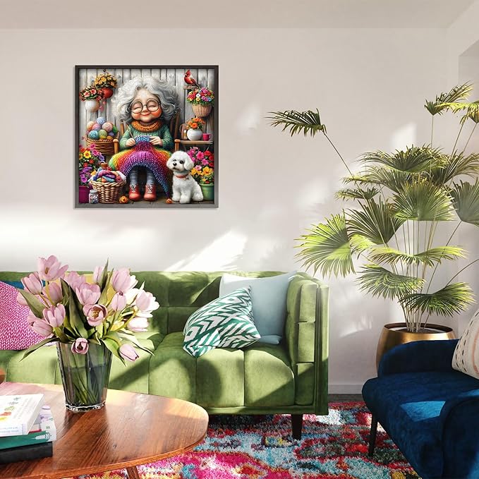 Old Woman Puzzles for Adults 1000 Piece, Larkipuzz Challenging Grandma’s Cozy Knit Puzzle Dog Cardinal, Hard Impossible Floral Plant Art Theme as Wall Decor
