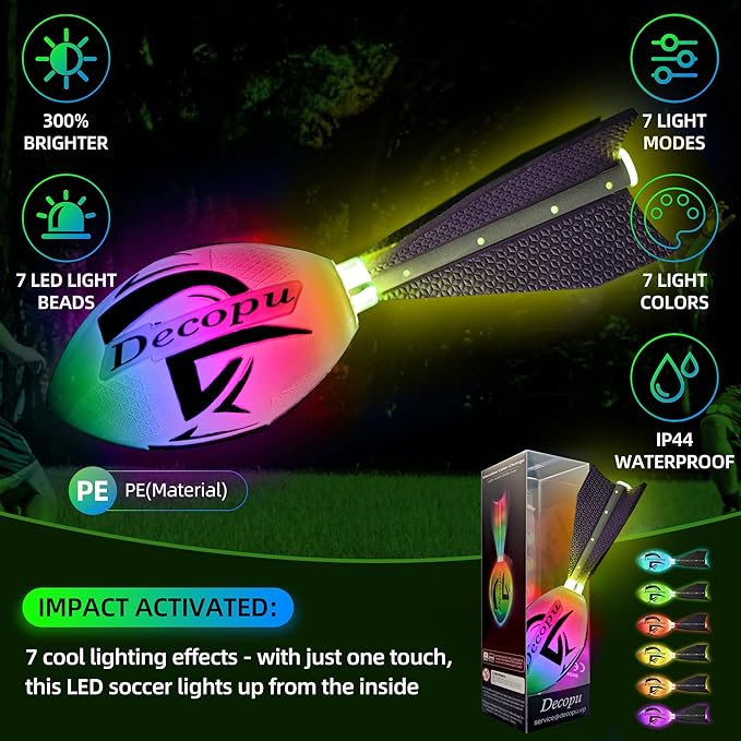 Rechargeable Glow in The Dark Light Up Football-7RGB Color Changing LED, Impact-Responsive, Durable Foam (No Pump), Perfect for Beach/Park/Backyard, Birthday Gift for Boys 6-15 Years Old