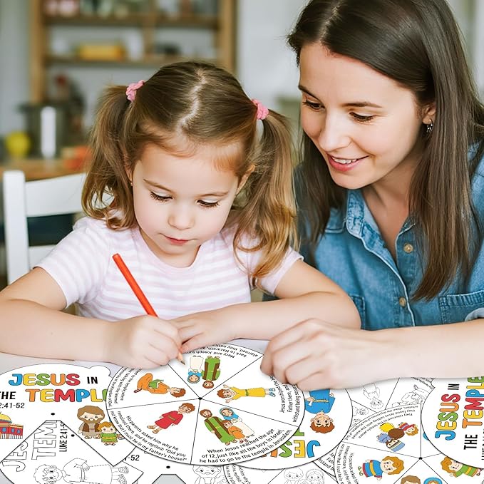 COcnny Easer Religious Coloring Craft- 24 Sets Color Your Own Christian Art Craft DIY Spining Cards for Kids, Jesus in the Temple Paper Craft Art for Sunday School Home Class Bible VBS Activities
