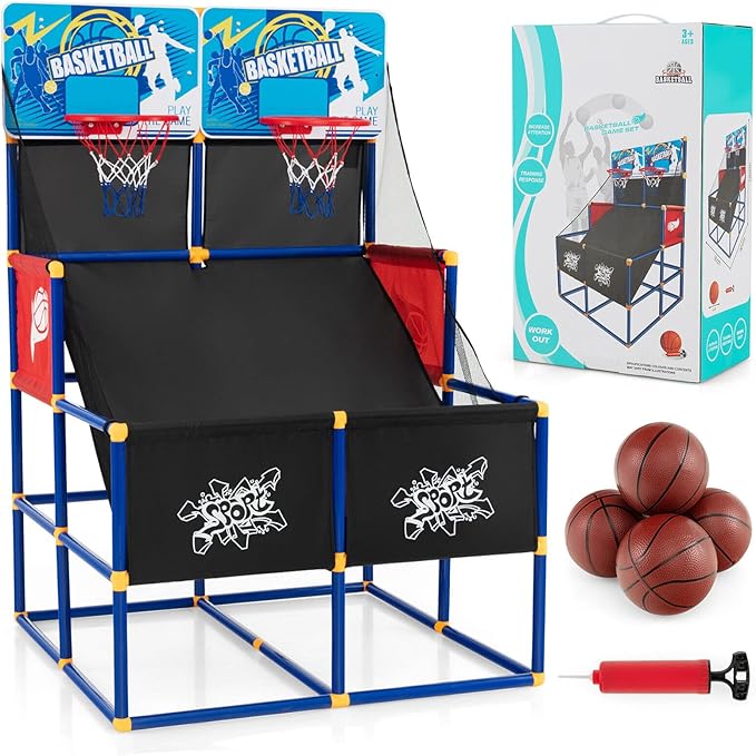 Goplus Kids Basketball Arcade Game, Dual Shot Basketball Game for 2 Players with 4 Balls & Inflation Pump, Indoor Outdoor Sport Play Birthday Gift Basketball Toy Set for Toddlers Children Teens Youth