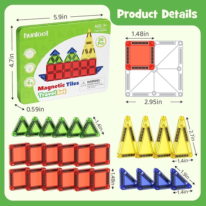 Mini Magnetic Tiles - 26PCS Travel Magnetic Building Set with Storage Iron Box, STEM Educational Toys for Kids Ages 3+ Portable Construction Toys for Toddlers Boys & Girls