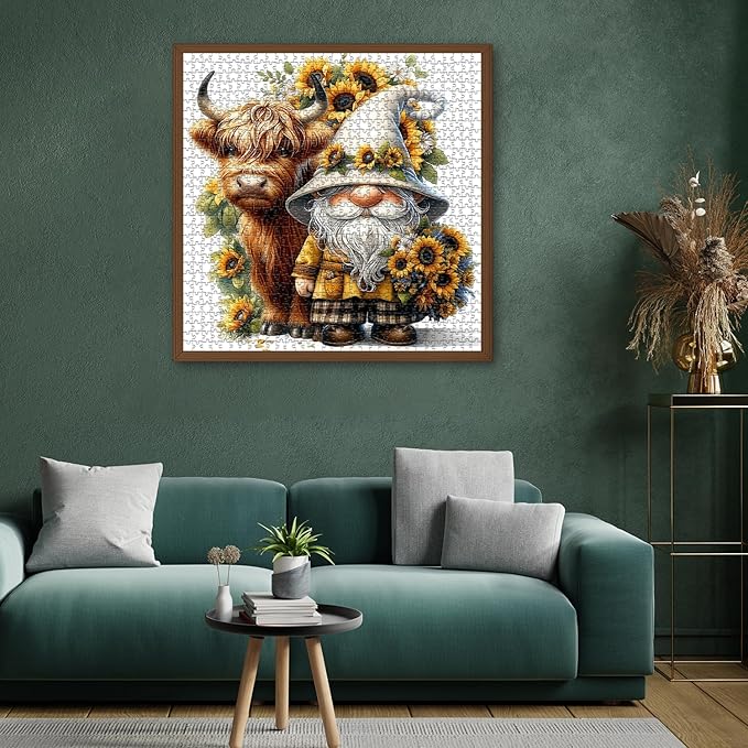 Highland Cow Gnome Puzzles for Adults 1000 Pieces, Nature Sunflower and Cow Puzzles, Animal Plant Floral Themed Jigsaw Puzzles Challenging for Adults