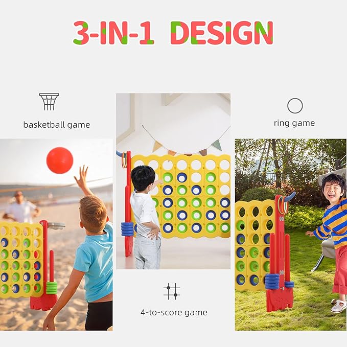 UNICOO Giant 4-in-a-Row Game with Carry Bag, 3-in-1 Jumbo 4-to-Score Outdoor Yard Game with Basketball Hoop, Ring Toss, Quick-Release Slider, 42 Rings, Family Party Game for Kids & Adults