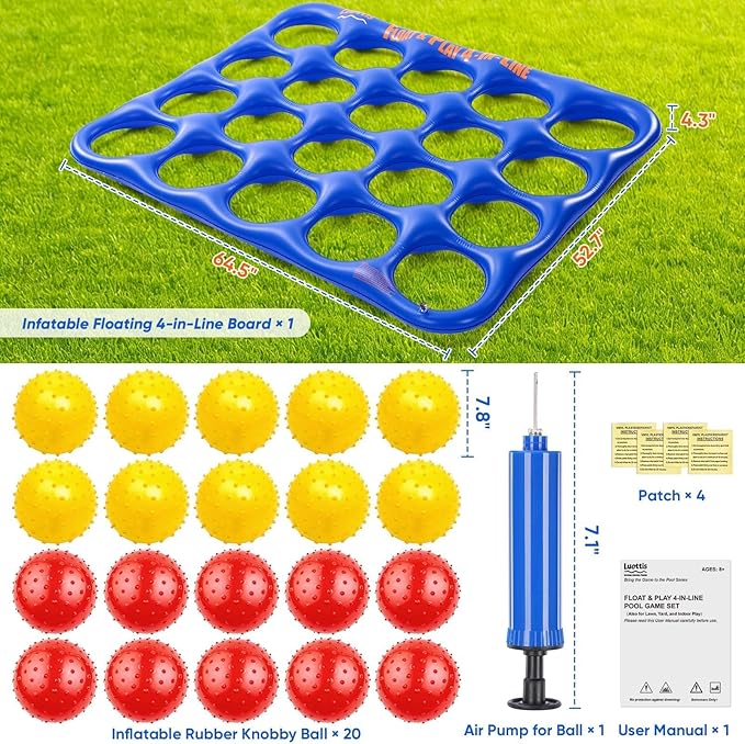 Inflatable 4-in-line Pool Toy Set, Giant Floating 4-in-a-Row Toss Pool Game with 20 Balls for Kids Ages 8–12, Teens & Adults, Summer Pool Party, Pool Tic Tac Toe Game