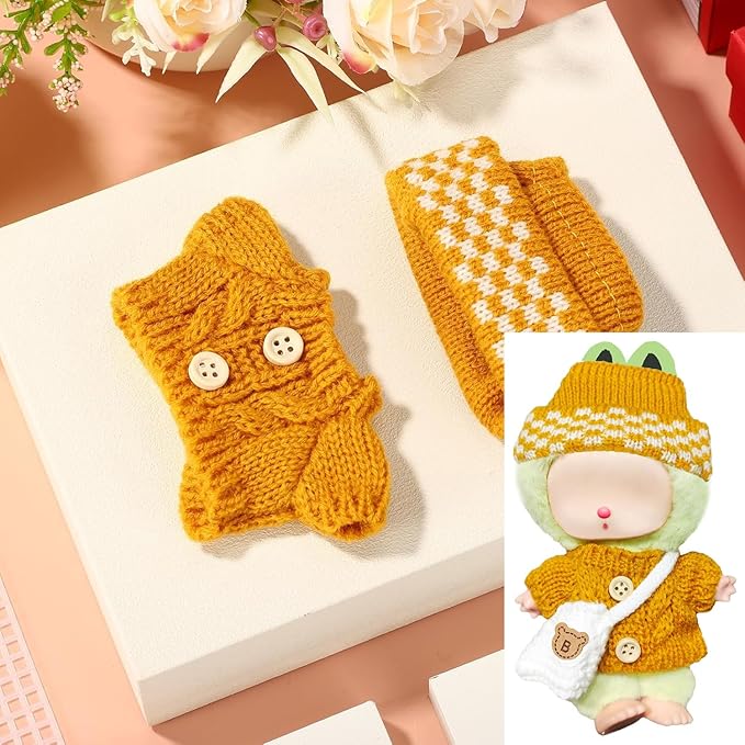 17cm Doll Clothes Set for Lububu, Designer Hand-Crocheted Yellow Sweater Outfit with Hat & Crossbody Bag Accessories,Cute Clothing for 15cm Have a Seat Series Dolls Dress -Up Display