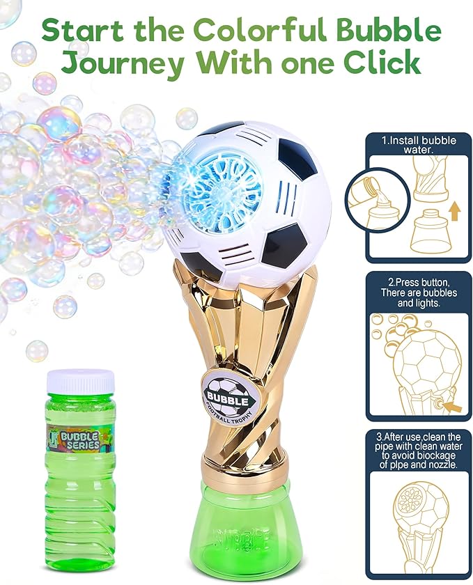 Bubble Machine for Kids – Football Trophy Shape, Automatic Bubble Gun Band with Blue LED Light, Leak-Proof, Includes Bubble Solution, Perfect Outdoor Toy for Toddlers Boys & Girls Ages 3-8