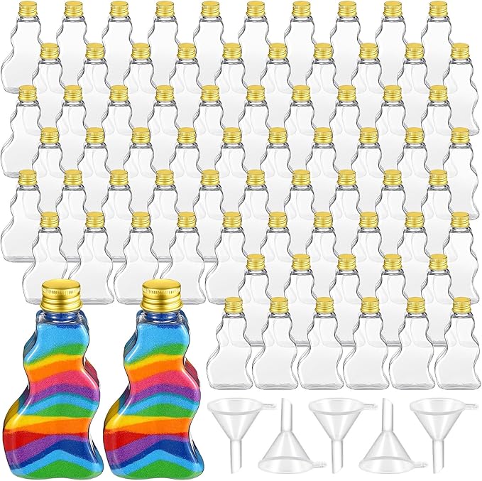 Nuenen 50 Pcs Sand Art Bottles Bulk with Funnels Plastic Wave Shaped Sand Art Containers for DIY Craft Party Supplies(Gold Lid)