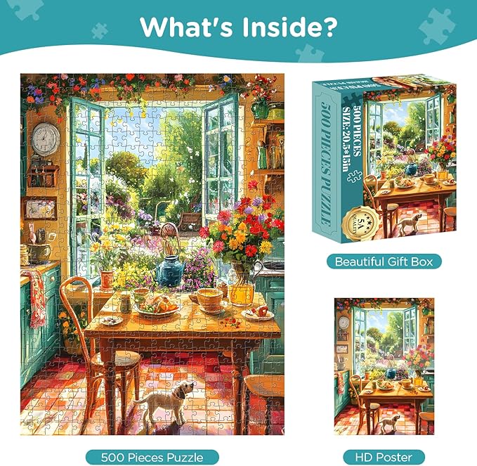 500 Piece Puzzle for Adults, Cozy Kitchen and Garden View Jigsaw Puzzle, Colorful Puzzles with Flowers, Sunshine and Dog, Relaxing Gifts for Adults, Seniors, Finished Size 20.5”x 15”