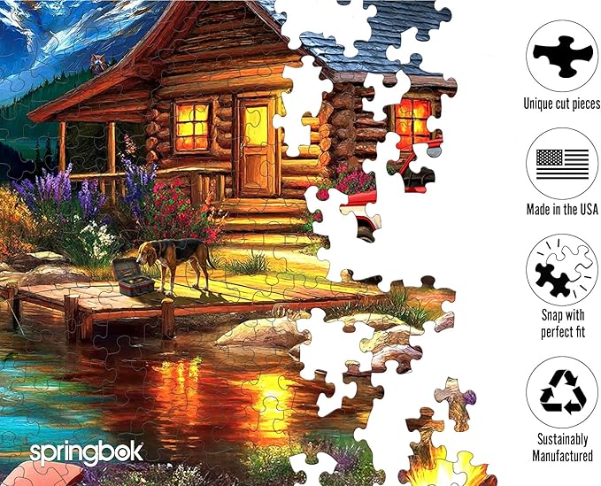 Springbok Cabin on the Creek 500 Piece Jigsaw Puzzle for Adults - Poster Now Included - Moonlit Outdoor Puzzle - Unique Cut Pieces - Made in USA