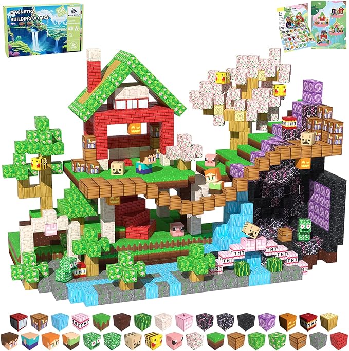 Magnetic Blocks, 208PCS Magnetic Building Blocks, Stacking Magnets for Kids, Sensory Toy for STEM Constructions Magnet Blocks for Boys Girls Age 3+, Christmas Birthday Gifts (Sakura Forest)