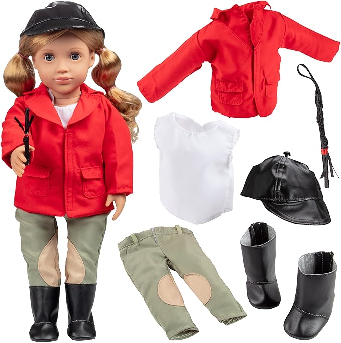 Dress Along Dolly 6pc Horseback Riding Outfit - 18" Doll Clothes & Accessories Compatible w American Girl- Equestrian Set Includes Hat, Shirt, Jacket, Pants, Boots, & Crop - Easter Basket Stuffer