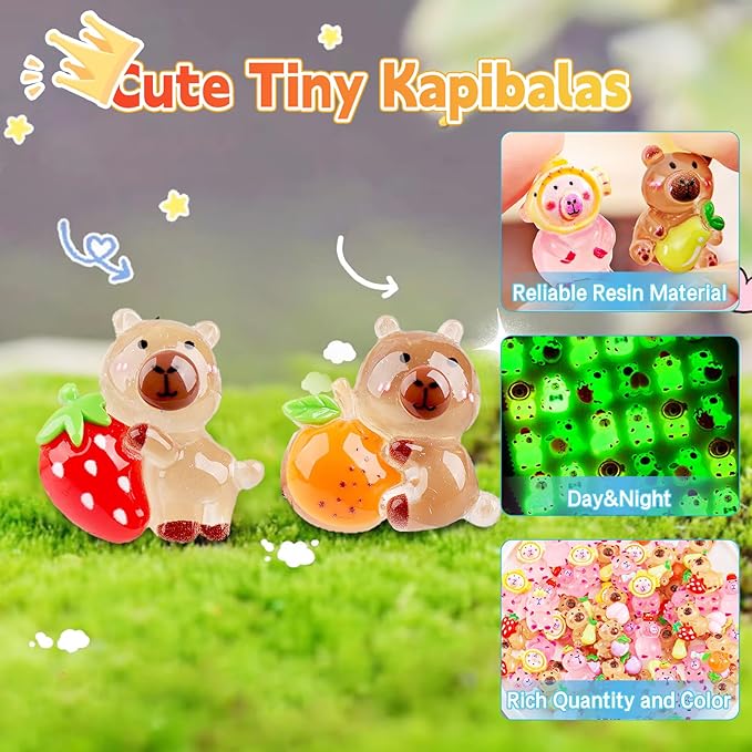 50 Pcs Random Mini Capybara with Glow in the Dark Feature, Individually Packaged Blind Bags – Cute Collectible Resin Toys for Kids, Fairy Gardens, Desk Decor, Party Favors, and Creative DIY Projects