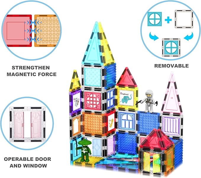 PicassoTiles 100PC Magnetic Tiles Construction Building with Carrying Case Included Block Set with Car, 8 Sets of Characters and Base Whiteboard Marker Playset Toy Kit for Boys & Girls Ages 3+ PB01