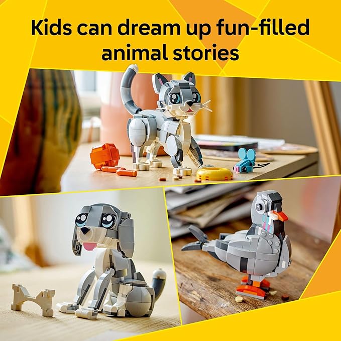 LEGO Creator 3 in 1 Playful Cat Toy - Building Toy with 3 Building Options, Cat, Dog, or Pigeon - Birthday Gift for Kids - Animal Figures for Kids, Girls and Boys, Ages 8+ - 31163