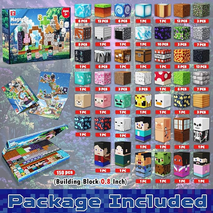 150 PCS 0.8in Magnetic Blocks - Easter Toys, Magnetic Building Blocks Cubes, Stacking Magnets, School STEM Toys Birthday Gifts for Boys and Girls Age 3+ Years Old (Theme: Adventure World)