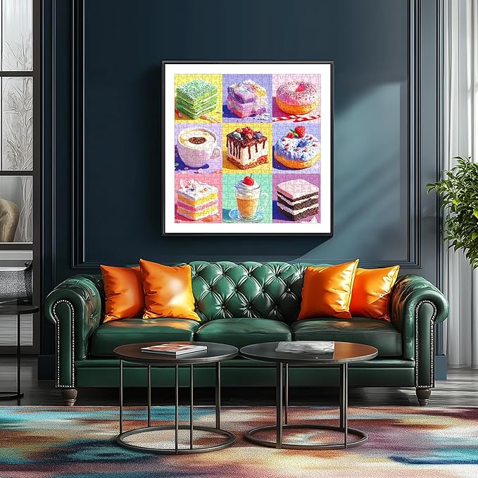 Colorful Desserts Jigsaw Puzzle for Adults 500 Pieces - Vibrant Sweet Treat Art Featuring Layered Jelly Cake, Sprinkle Donut & Fancy Coffee Drink, Fun & Relaxing Family Seniors Puzzle(20x20 Inch)