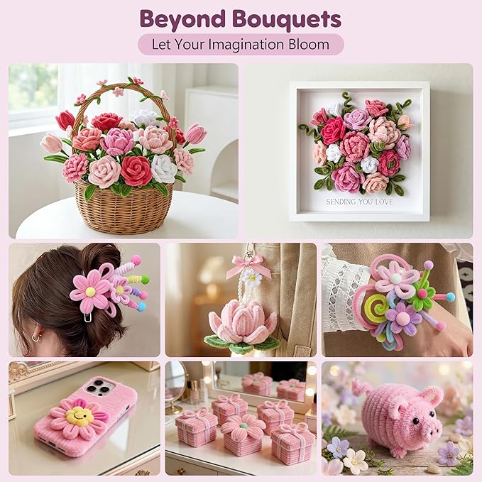 EARLY MINDS 800Pcs Pipe Cleaner Flower Bouquet Kit, 8 Colors Romantic Pink Chenille Stems Craft Making Set with Floral Tape, Flower Stems, Gift Wrap & More, DIY Bouquet Handmade Gifts for Mother