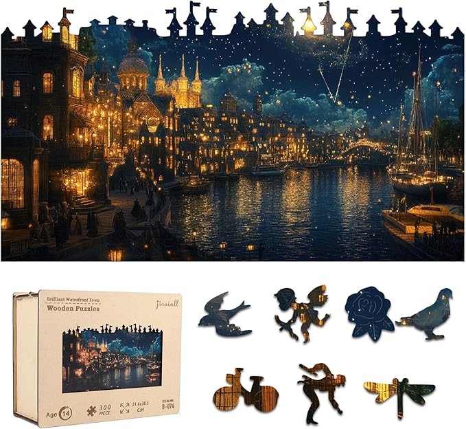 Jiroinlly Wooden Puzzles for Adults 300 Pieces, Brilliant Town, 5MM Thick Adult Jigsaw Puzzles, Unique Shaped Puzzle for Family and Friends, Home Wall Decor, Exquisite Packaging Gift, 8.5x15.1 in