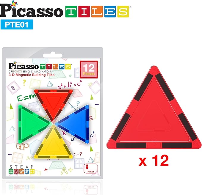 PicassoTiles Magnetic Tiles Equilateral Triangle Magnet Tile Building Set STEM Educational Construction Blocks for Kids Toddlers Boys Girls Age 3 Plus Pretend Play Learning Toy Stacking Kit PTE01