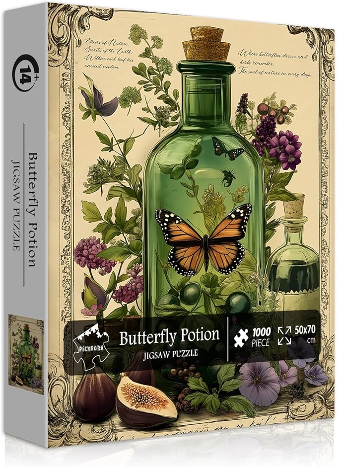 PICKFORU Plant Puzzles for Adults 1000 Pieces, Vintage Butterfly Magic Potion Bottle Puzzles,Flower Jigsaw Puzzle Retro Phytology Poster
