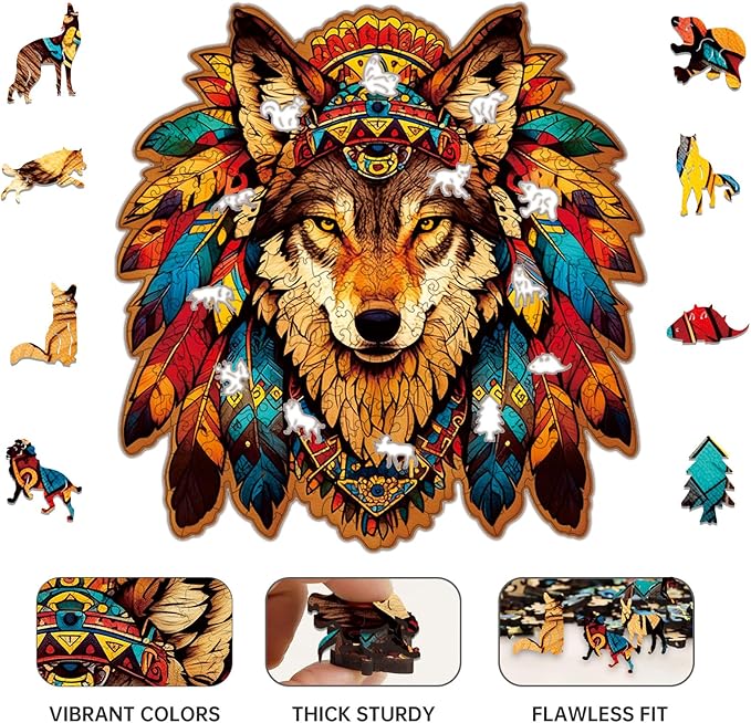 Wooden Puzzle for Adults,Wolf Totem Style Jigsaw Puzzles 300 Piece,Unique Shape Puzzle Challenge 14.9 x 14.9 Inch,Birthday Gifts Family Game