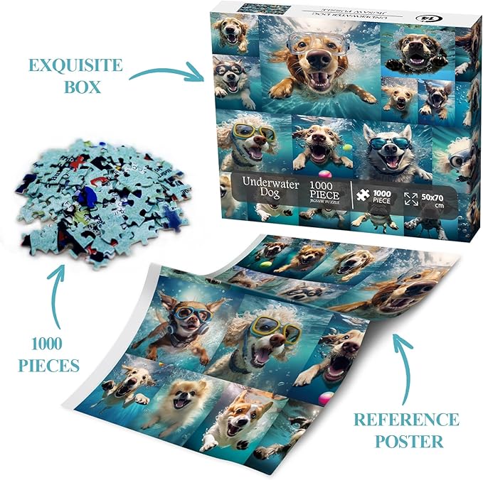 Dog Jigsaw Puzzle for Adults 1000 Piece, Funny Puppy Animal Jigsaw Puzzles, Fun Cool Silly Puzzle with Underwater Dogs