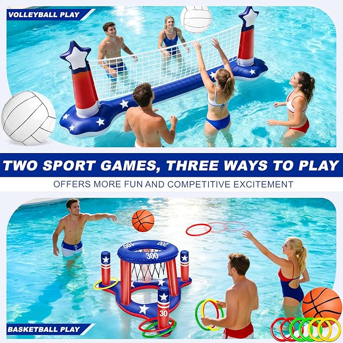 4th of July Pool Games Set, Volleyball Net & Basketball Hoop & Ring Toss, 250th Anniversary 3-in-1 Large Inflatable Water Sport Game Toys for Multi-Player Adults American Flag Swimming Summer Party