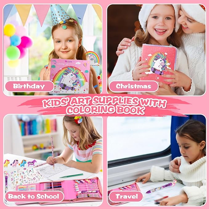 CozyJoyz Unicorn Washable Marker Set, 59 Pcs Arts and Crafts Coloring Set for Kids, Drawing Art Supplies Birthday Gifts for Girls Toys 4-9 Year Old (Pink)