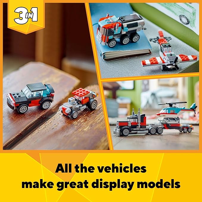 LEGO Creator 3 in 1 Flatbed Truck with Helicopter Toy, Transforms from Flatbed Truck Toy to Propeller Plane to Hot Rod and SUV Cars, Gift Idea for Boys and Girls Ages 7 Years Old and Up, 31146