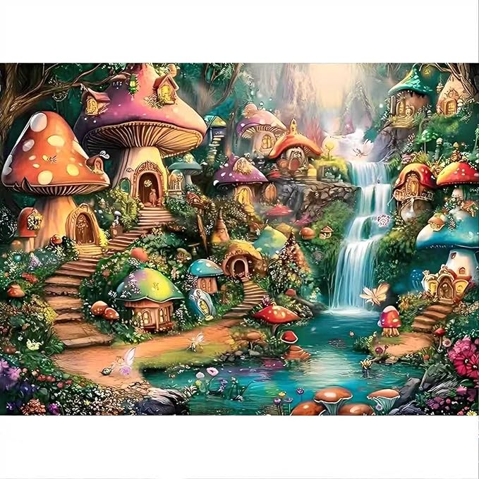 Mushroom Castle 1000 Piece Puzzle for Adults,Mushroom Garden Waterfall Puzzles for Adults 1000 Pieces,Challenging and Hard Difficult Mosaic Jigsaw Puzzles Toy Games 1000Pieces 27.5 X 19.7inch