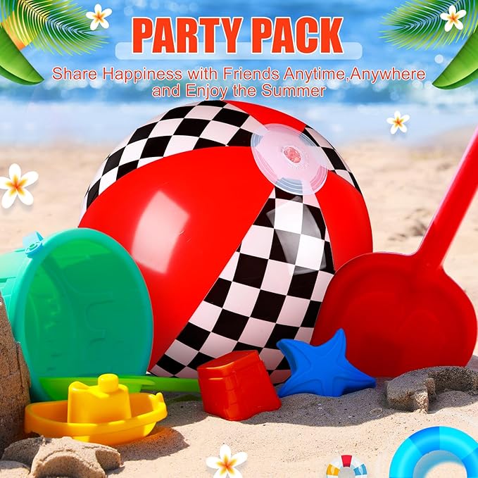 2 Pack Black White Red Beach Balls 11.8" Checkered Flag Themed Inflatable Beach Ball Bulk Race Car Birthday Party Supplies for Summer Pool End of The Year Decoration Favor
