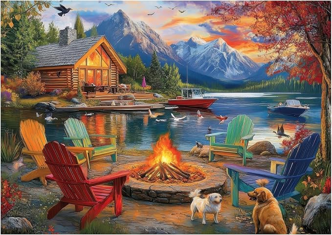 500 Piece Puzzles for Adults, Fall Landscape Jigsaw Puzzle with Letters on Back, Cardboard Puzzle with Lake, Mountain Cabin & Dogs, Challenging Puzzles for Game Nights, Home Decor,Birthday Party Gift