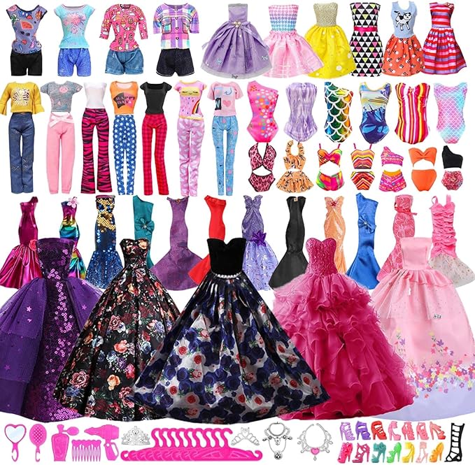 73 Pcs Doll Clothes and Accessories, 3 Wedding Gowns 3 Evening Dresses 3 Fashion Dresses 3 Tops 3 Pants 3 Bikini Swimsuits 10 Shoes 45 Accessories for 11.5 inch Girl Dolls Birthday Present for Girls
