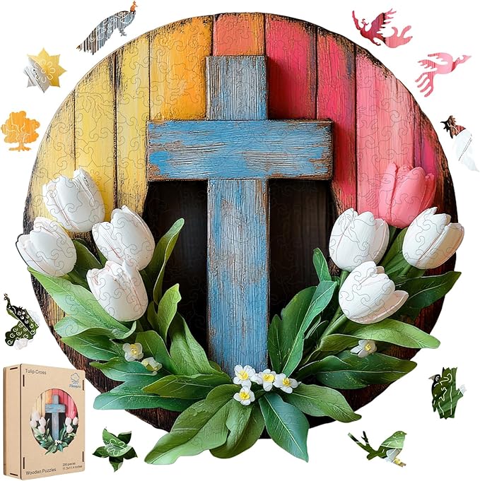 Pikoqunc Wooden Puzzles for Adults,201 Pieces 11.4x11.3 Inches,Tulip Cross Laser-Cut Jigsaw with Premium Smooth Wood Texture,Relaxing Art Puzzle Gift for Friends and Family in Exquisite Box