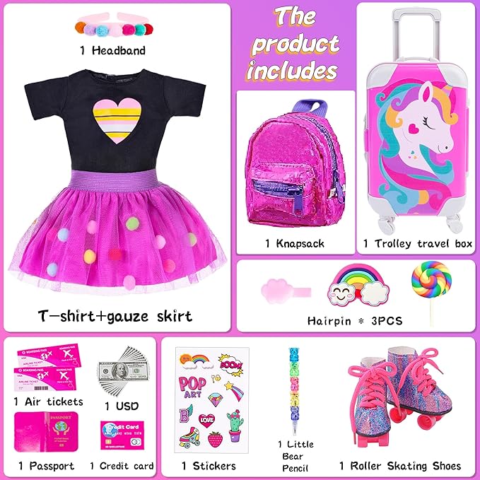 ebuddy 18 Inch Doll Clothes and Accessories - Travel Suitcase Play Set for 18" Dolls, Includes Clothing, Backpack, Roller Skates & More (Doll Not Included)