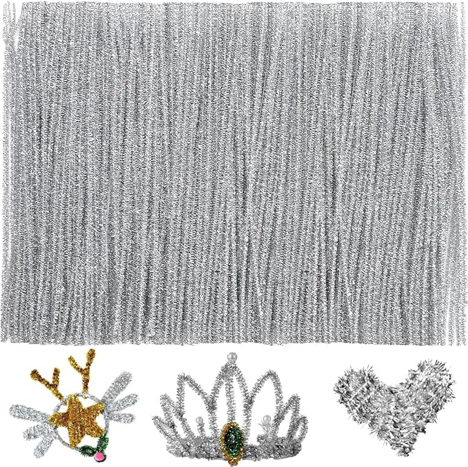 GAGANIU 200pcs Pipe Cleaners, Pipe Cleaners for Crafts, Craft Supplies Chenille Stems for Art&Craft Christmas DIY Projects(12inch*6mm,Silver Glitter)