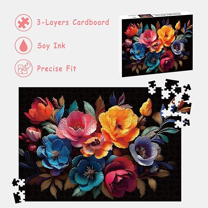 Puzzles for Adults 500 Pieces, Flowers Puzzle Jigsaw Puzzles 500 Pieces - Midnight Bloom, Impossible Puzzle for Home Decor, Finished Size 20.47 * 14.96”, with 1:1 Poster, Letter on The Back