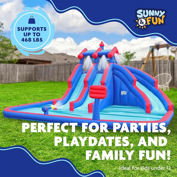 Sunny & Fun Mega Sport Inflatable Water Triple Slide Park – Heavy-Duty for Outdoor Fun - Climbing Wall, 3 Slides & Splash Pool – Easy to Set Up & Inflate with Included Air Pump & Carrying Case